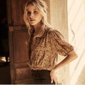 Doen Floral Puff-Sleeve Blouse in Mustard and Brown